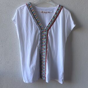 Soft Surroundings Size L White Embroidered V-Neck Cap‎ Sleeves Colorful Cotton